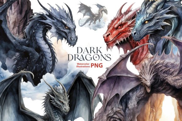 Download Watercolor Dark Dragons Clipart Set - Clipart Collection