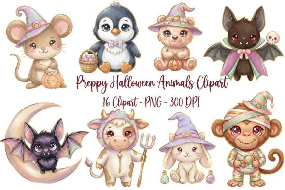 Download Preppy Halloween Animals Clipart PNG Set - Clipart Collection