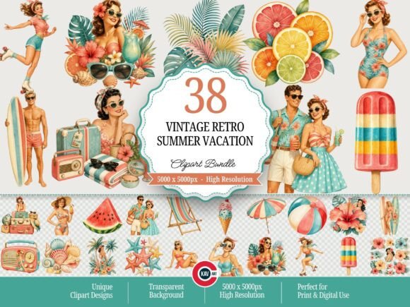 Download Vintage Retro Summer Vacation Clipart - Clipart Collection