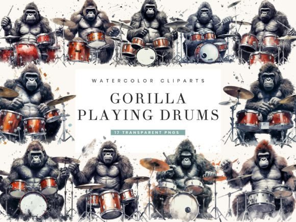 Download Watercolor Gorilla Playing Drums Clipart - Clipart Collection